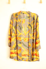 Chico's Gray and Yellow Floral Kimono Open Front Cardigan | 0