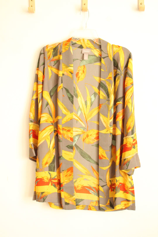 Chico's Gray and Yellow Floral Kimono Open Front Cardigan | 0