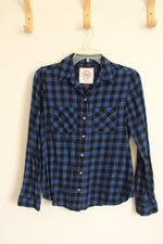 SO Blue and Black Cotton Plaid Button-down Flannel Shirt | S