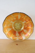 Iridescent Grape & Leaves Scalloped Edged Orange Carnival Glass Bowl