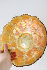 Iridescent Grape & Leaves Scalloped Edged Orange Carnival Glass Bowl