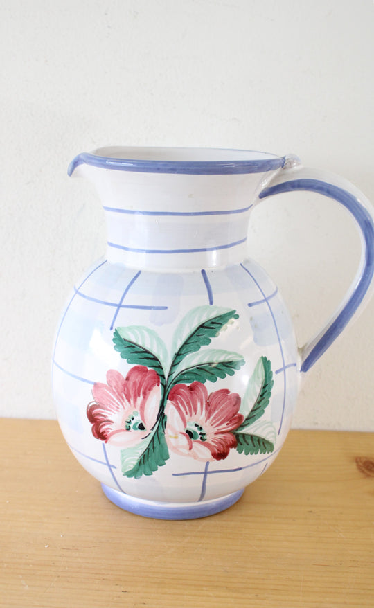 Hand Crafted Ethan Allen Blue Plaid Floral Pitcher