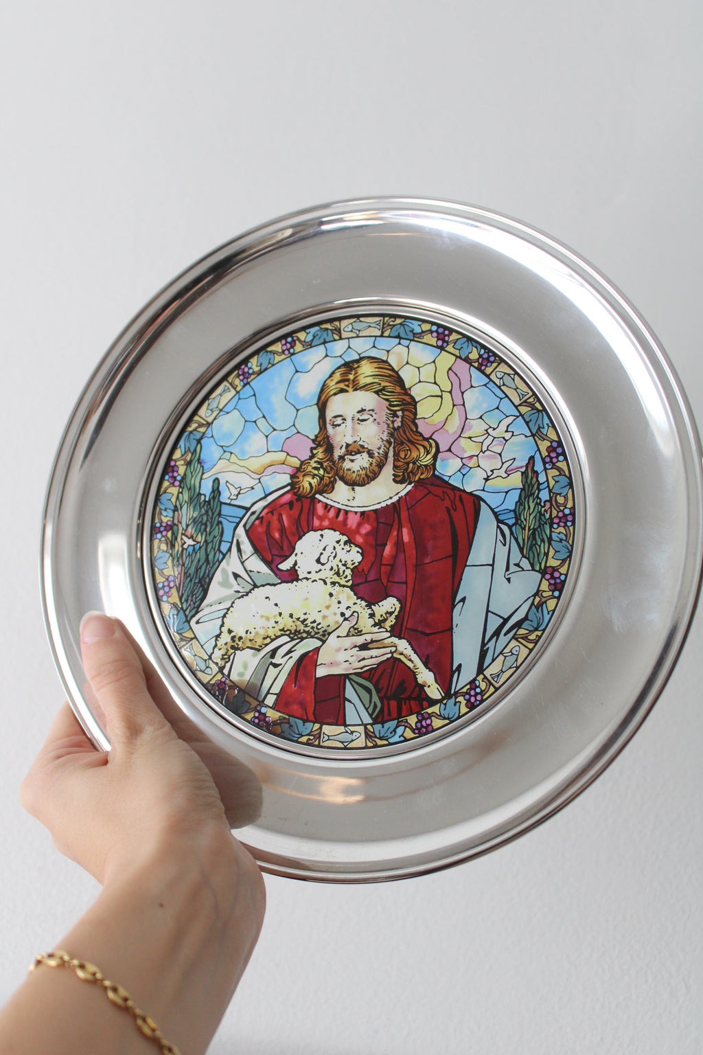 US Historical Society The Good Shepherd Stained Glass & Pewter Plate