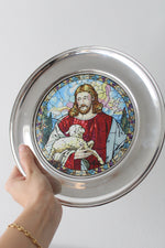 US Historical Society The Good Shepherd Stained Glass & Pewter Plate