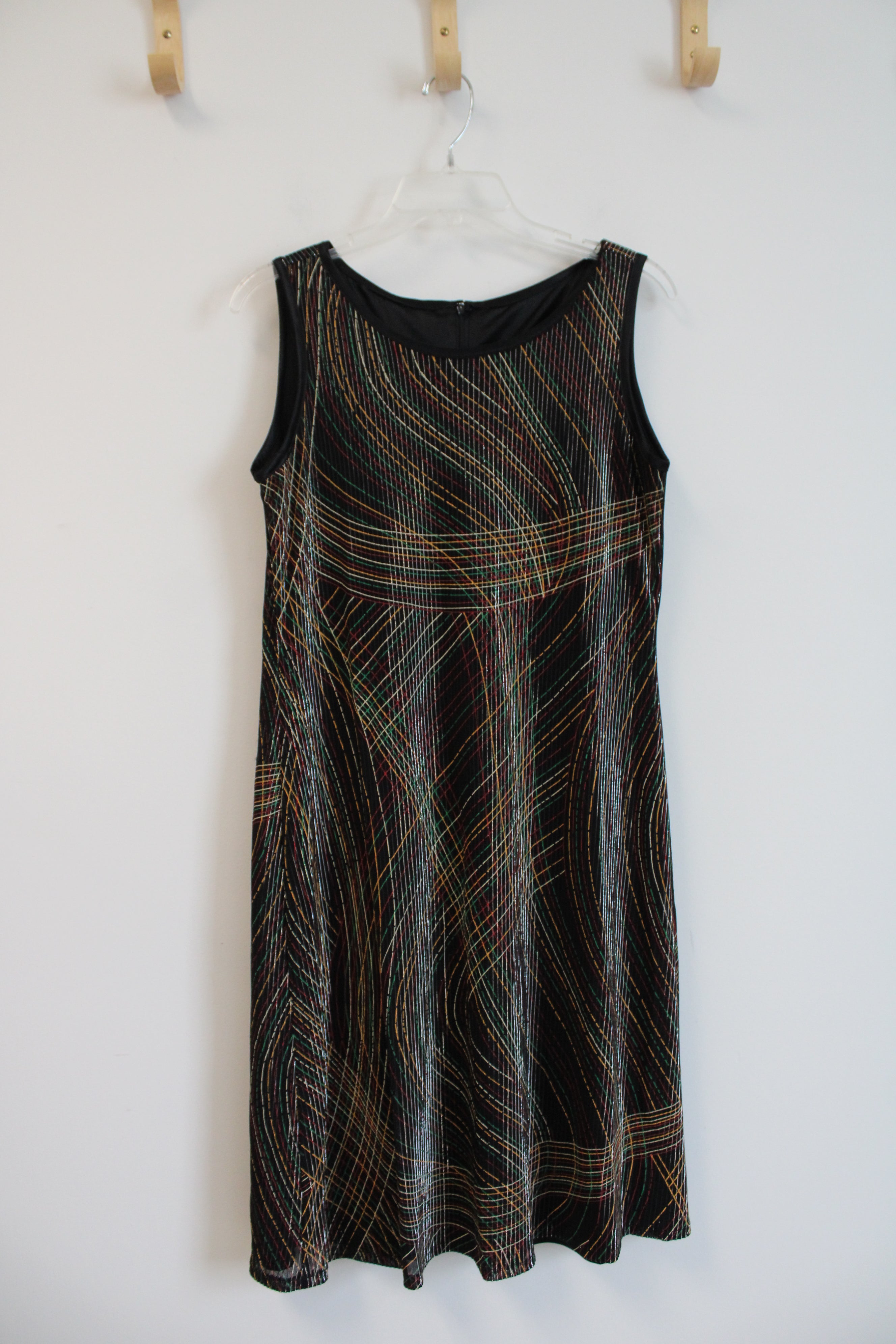 Red Green Yellow Striped Black Sleeveless Dress | M