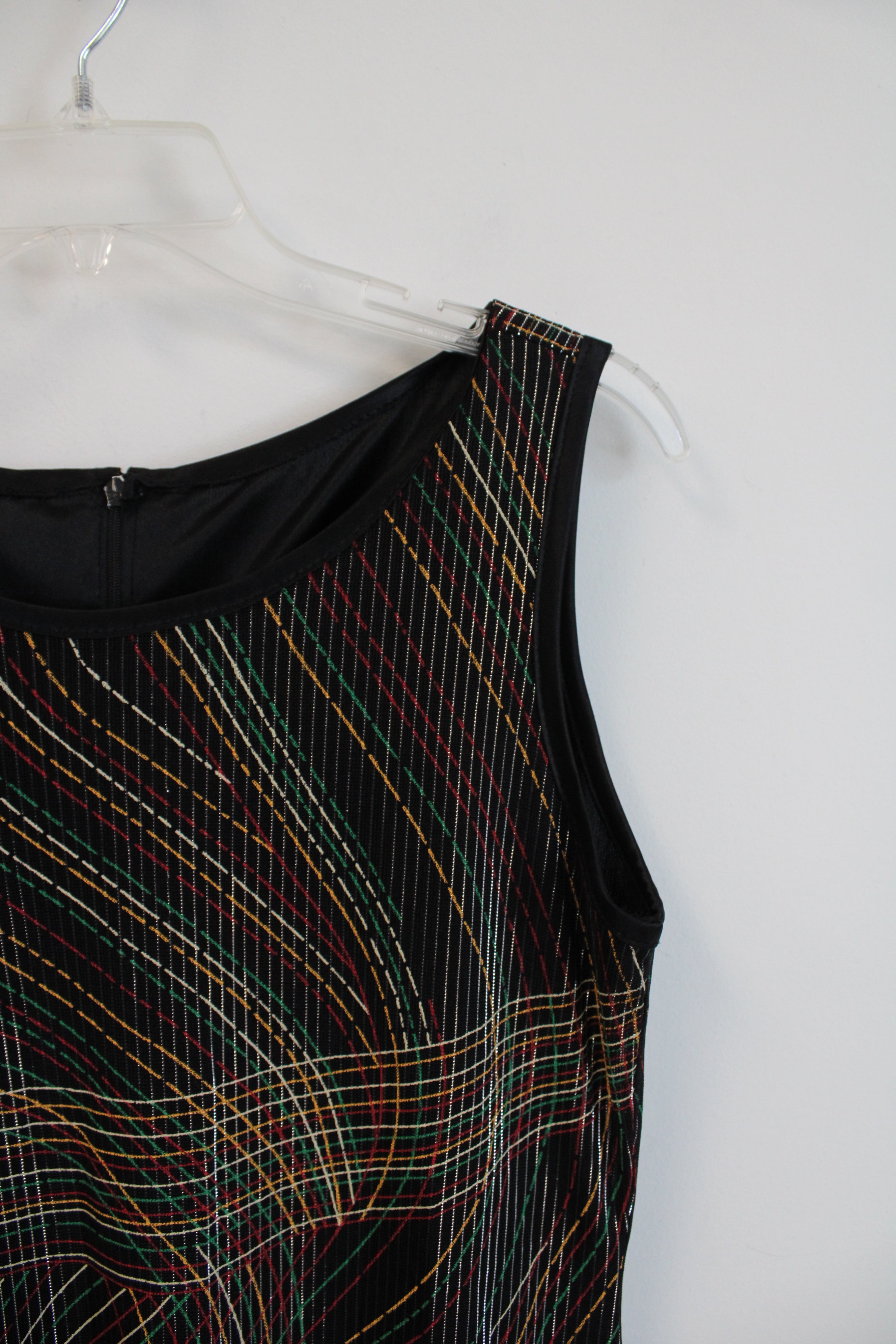 Red Green Yellow Striped Black Sleeveless Dress | M