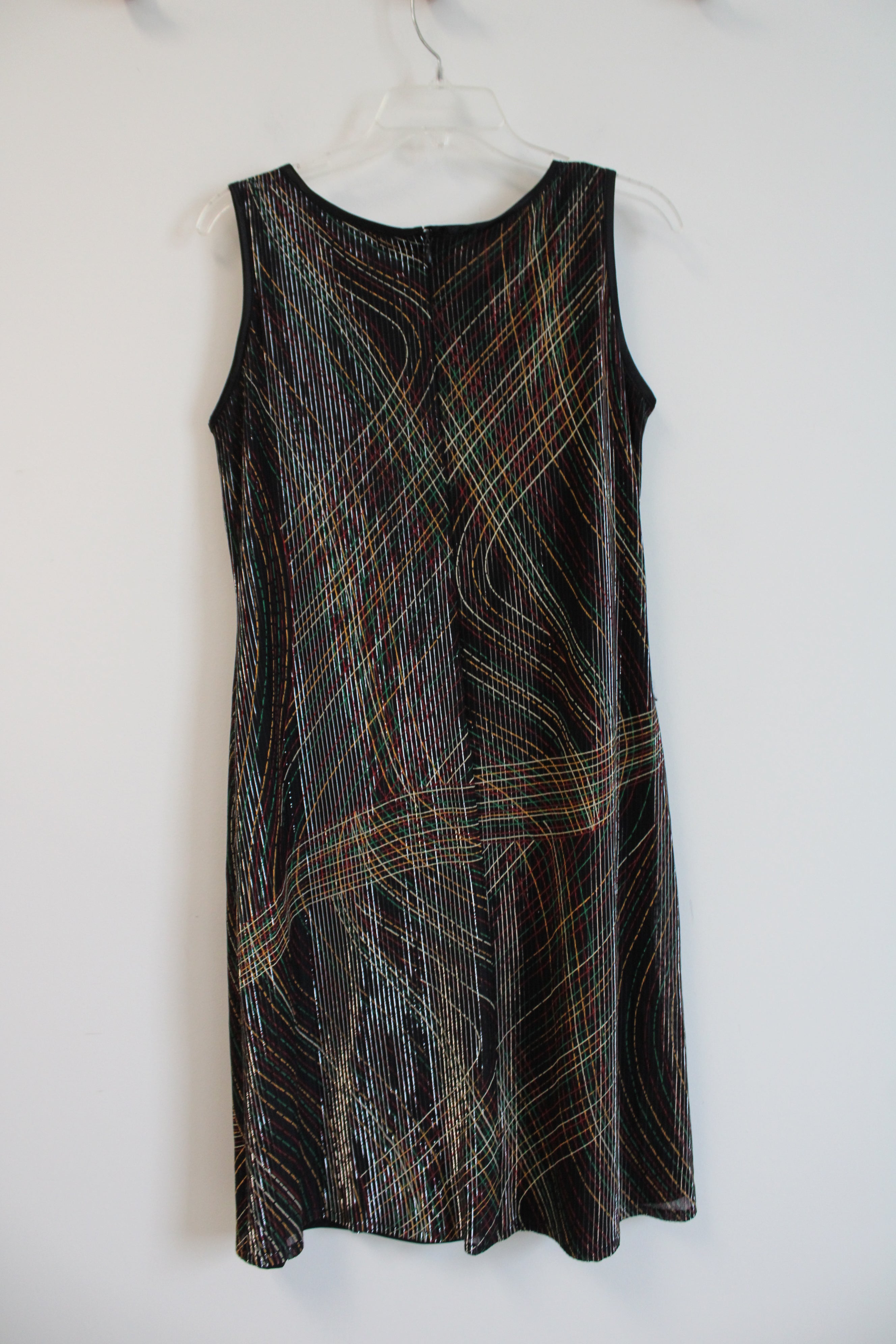 Red Green Yellow Striped Black Sleeveless Dress | M