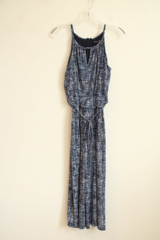 Roz & Ali Blue and White Cropped Pocketed Jumpsuit | S