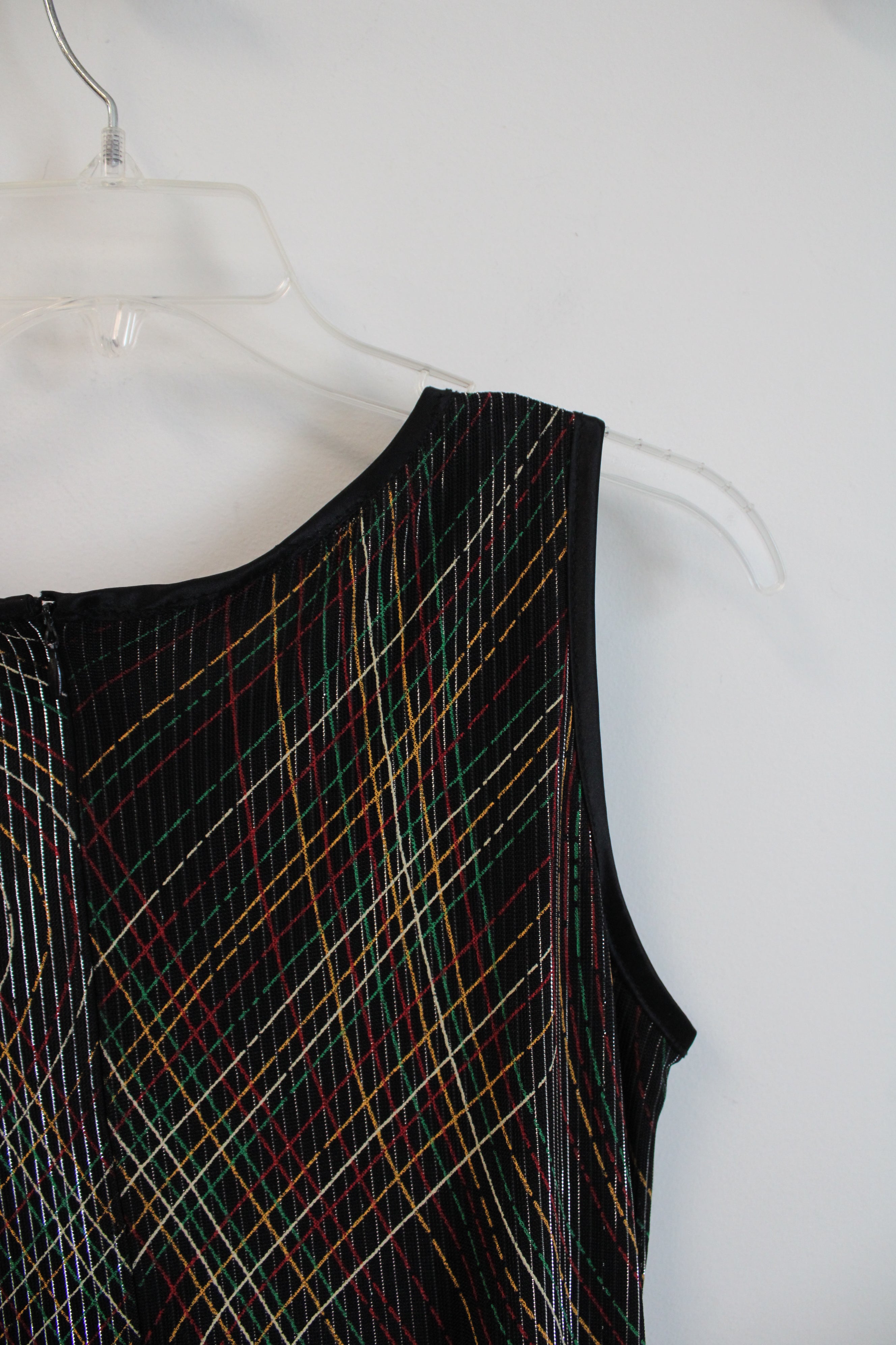 Red Green Yellow Striped Black Sleeveless Dress | M