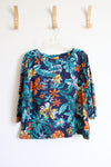 Ruby Rd. Navy Tropical Floral Embellished Neckline Top | XL