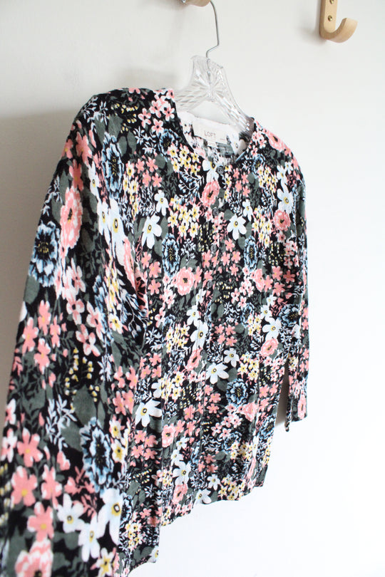 NEW LOFT Green Pink & Blue Floral Button Down Cardigan | XXS Petite