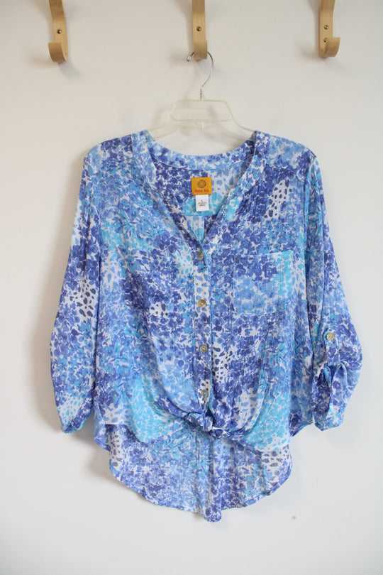 Ruby Rd. Blue & White Patterned Button Down Tied Top | L