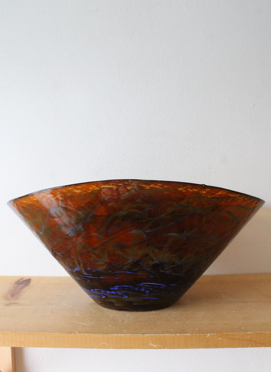 Vintage Hand Blown Amber Blue Swirl Glass Oblong Bowl