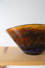 Vintage Hand Blown Amber Blue Swirl Glass Oblong Bowl