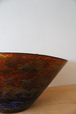 Vintage Hand Blown Amber Blue Swirl Glass Oblong Bowl