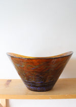 Vintage Hand Blown Amber Blue Swirl Glass Oblong Bowl