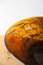 Vintage Hand Blown Amber Blue Swirl Glass Oblong Bowl