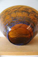Vintage Hand Blown Amber Blue Swirl Glass Oblong Bowl