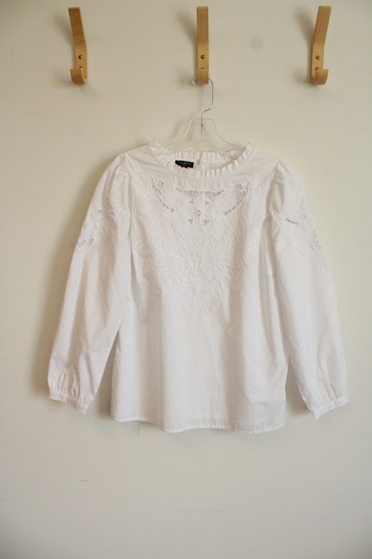 Talbots White Cotton Cut Out Embroidered Blouse | S Petite