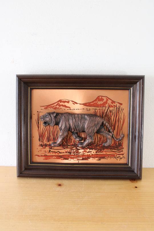 Vintage John Louw Framed Copper Raised Relief 3-D Tiger Framed Art