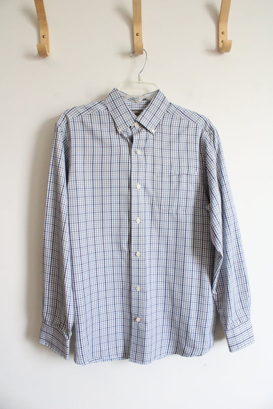 Cremieux Performance Blue Gray & White Plaid Button Down Shirt | M