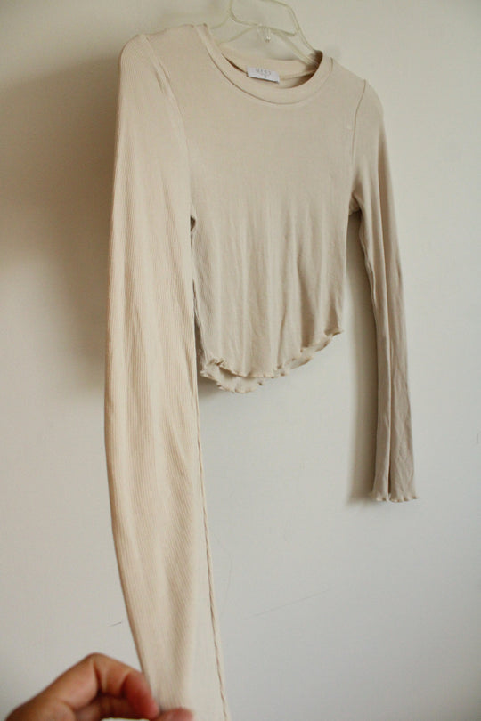 Grey Bandit Beige Ribbed Flare Sleeve Cropped Shirt | XS