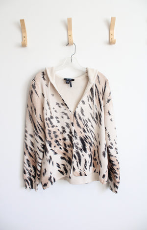 French Dressing Jeans Beige & Black Animal Print Heavy Knit Hooded Open Cardigan | L