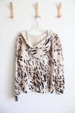 French Dressing Jeans Beige & Black Animal Print Heavy Knit Hooded Open Cardigan | L