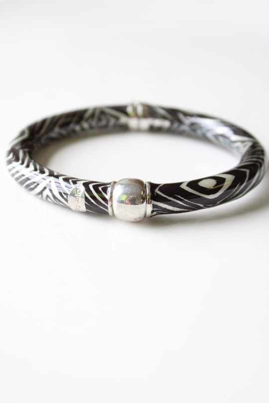 Rosato Zebra Striped Black & White Magnetic Clasp Enamel Bangle Bracelet
