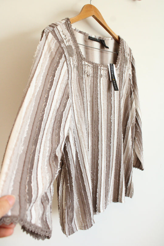 NEW Preswick & Moore Taupe Stripe Embroidered Blouse | L