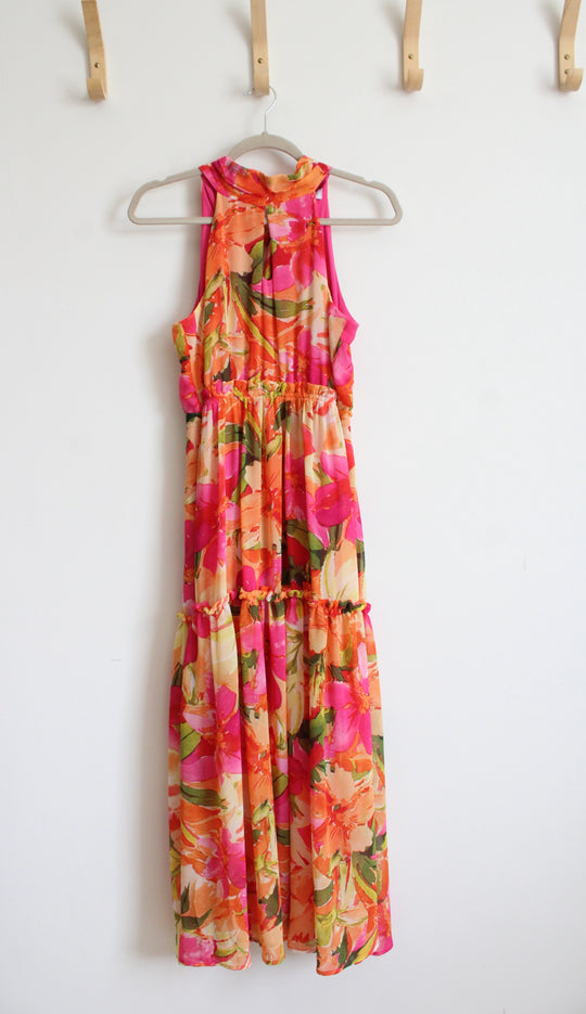 NEW Nicole Miller Orange Pink & Yellow Floral Halter Neck Tiered Maxi Dress | M