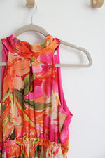 NEW Nicole Miller Orange Pink & Yellow Floral Halter Neck Tiered Maxi Dress | M