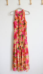 NEW Nicole Miller Orange Pink & Yellow Floral Halter Neck Tiered Maxi Dress | M