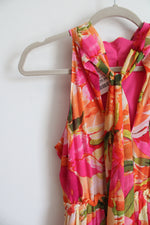 NEW Nicole Miller Orange Pink & Yellow Floral Halter Neck Tiered Maxi Dress | M