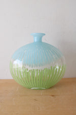 Vintage Hand Blown Blue & Green Stripe Oval Vase