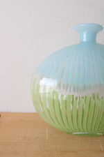 Vintage Hand Blown Blue & Green Stripe Oval Vase