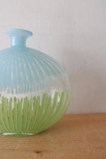 Vintage Hand Blown Blue & Green Stripe Oval Vase