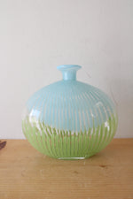 Vintage Hand Blown Blue & Green Stripe Oval Vase