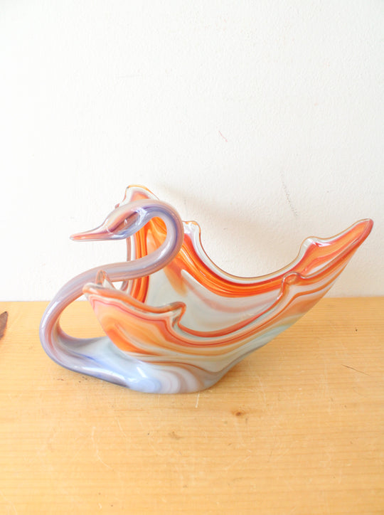 Vintage Hand Blown Glass Orange & Blue Swirl Swan Bowl