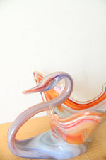 Vintage Hand Blown Glass Orange & Blue Swirl Swan Bowl