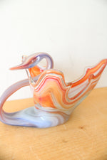 Vintage Hand Blown Glass Orange & Blue Swirl Swan Bowl