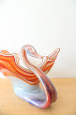 Vintage Hand Blown Glass Orange & Blue Swirl Swan Bowl