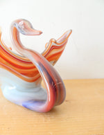 Vintage Hand Blown Glass Orange & Blue Swirl Swan Bowl