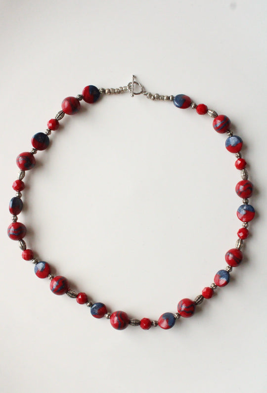 Tibetan Style Red Resin Silver Tone Bead Necklace