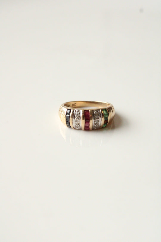 14K Yellow Gold Ruby Sapphire Emerald Dome Ring | Size 7