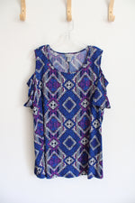 Catherines Blue Pink & White Triangle Patterned Cold Shoulder Top | 1X (18/20W)