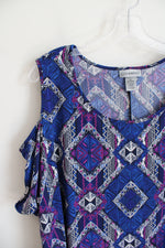 Catherines Blue Pink & White Triangle Patterned Cold Shoulder Top | 1X (18/20W)