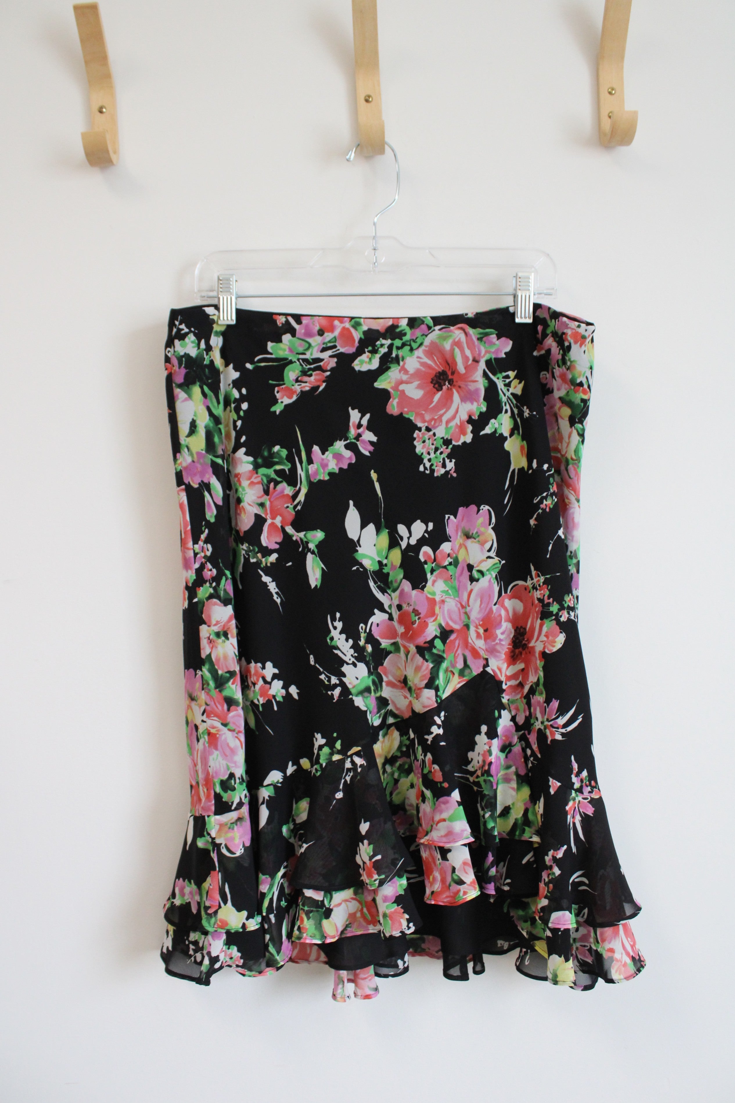 Chaps Black Colorful Floral Ruffled Skirt | L