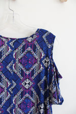 Catherines Blue Pink & White Triangle Patterned Cold Shoulder Top | 1X (18/20W)