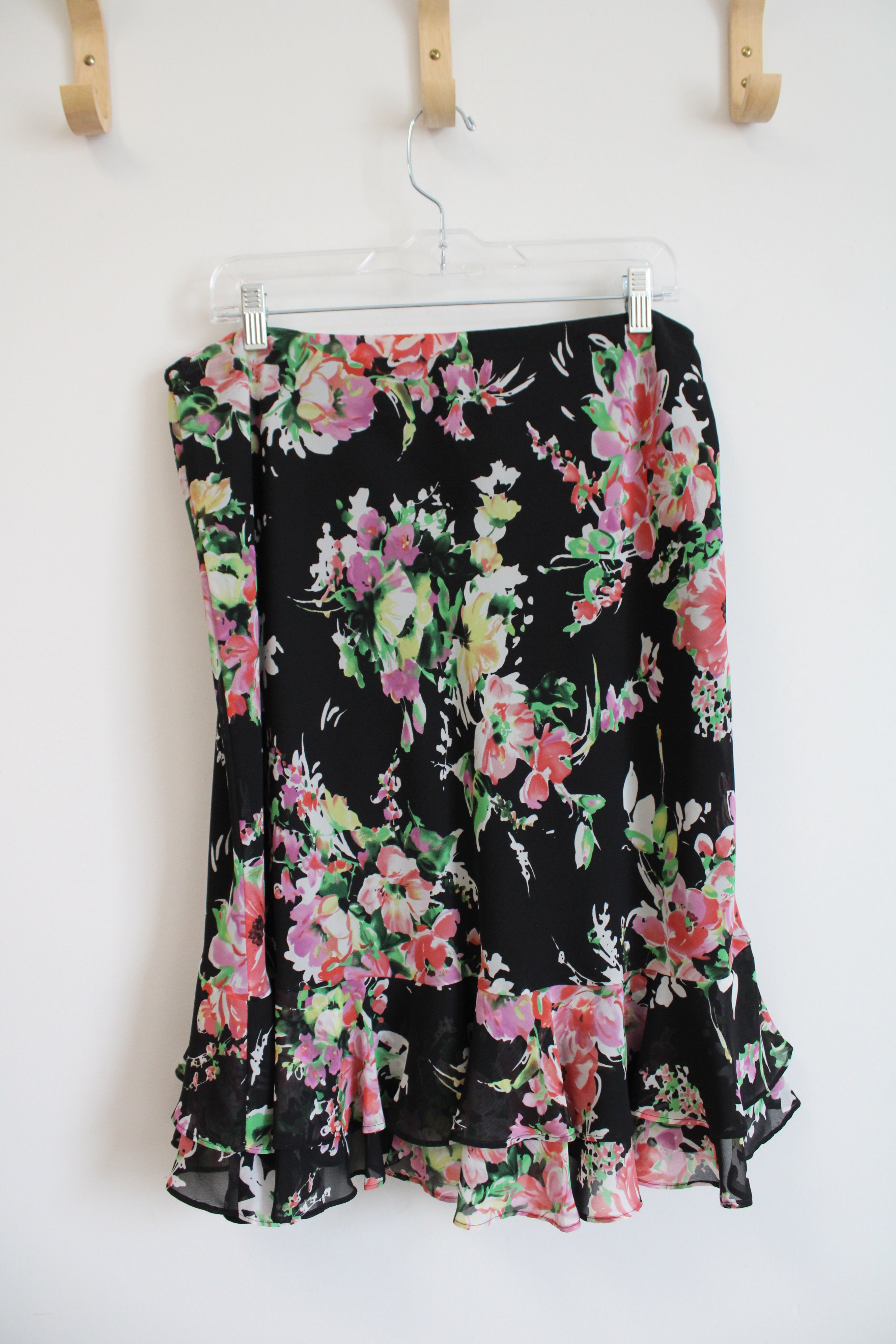Chaps Black Colorful Floral Ruffled Skirt | L